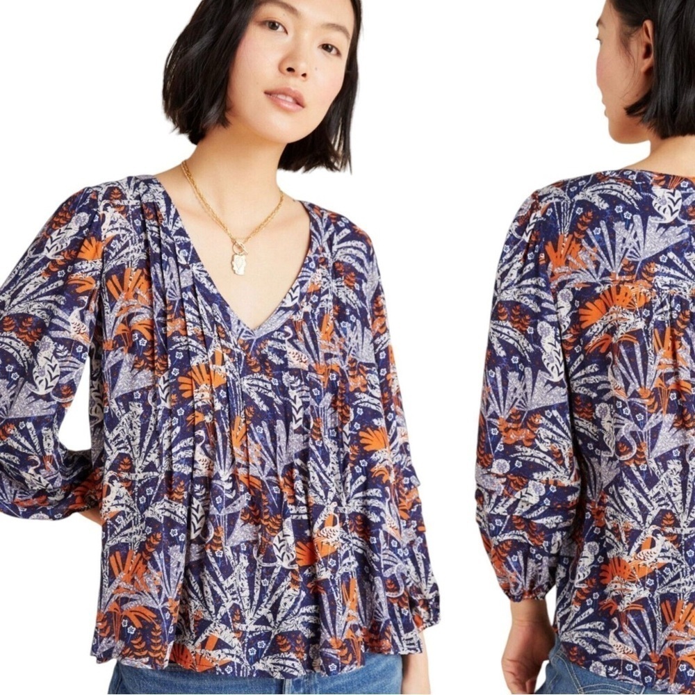 Maeve Anthropologie Cathy Pleated Blue Jungle Boho Y2K Top size XS - Picture 5 of 8